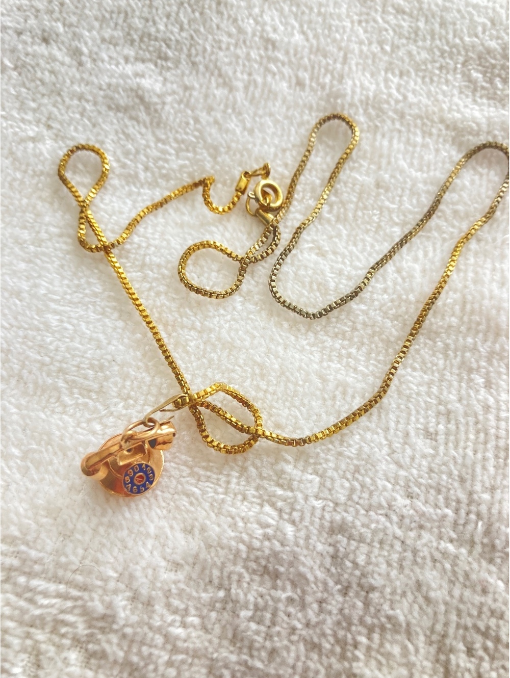 Vintage 14k gold rotary phone pendant with box link chain